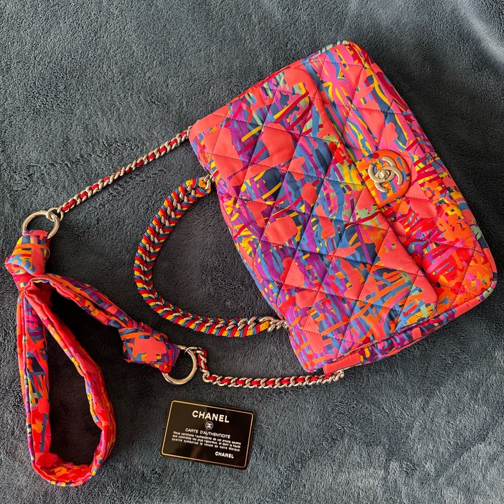 Chanel Foulard Fabric Quilted Printed Flap Pink Shoulder Crossbody Bag - Picture 13 of 13
